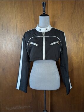 SHEIN Black Cropped Bomber Jacket with White Trim